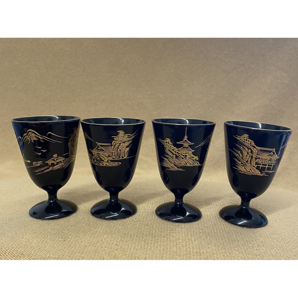 Set 4 Vtg Japan Sake Shot Village/Pagoda Painted On BLACK LACQUER WOOD Stemware
